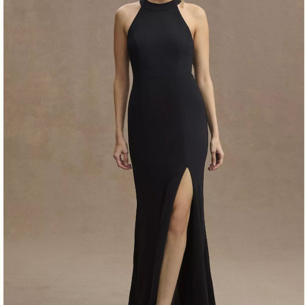 BHLDN Lennox Halter Open-Back Side-Slit Stretch Crepe Gown in NAVY - NWT